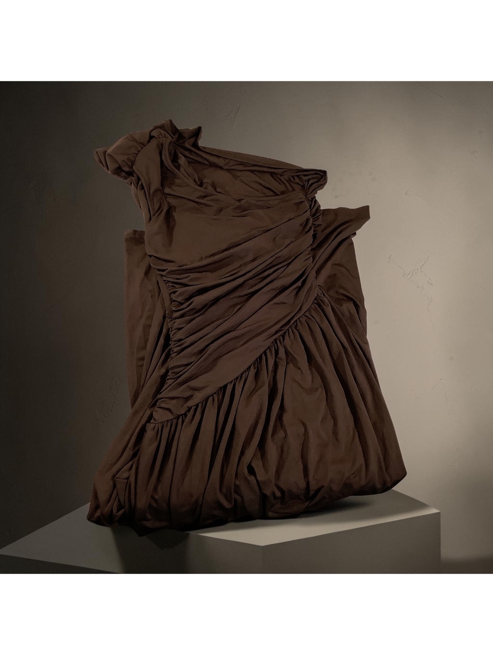 NWT Gorglitter Brown One Shoulder Ruched Evening Elegant Maxi Dress, Small